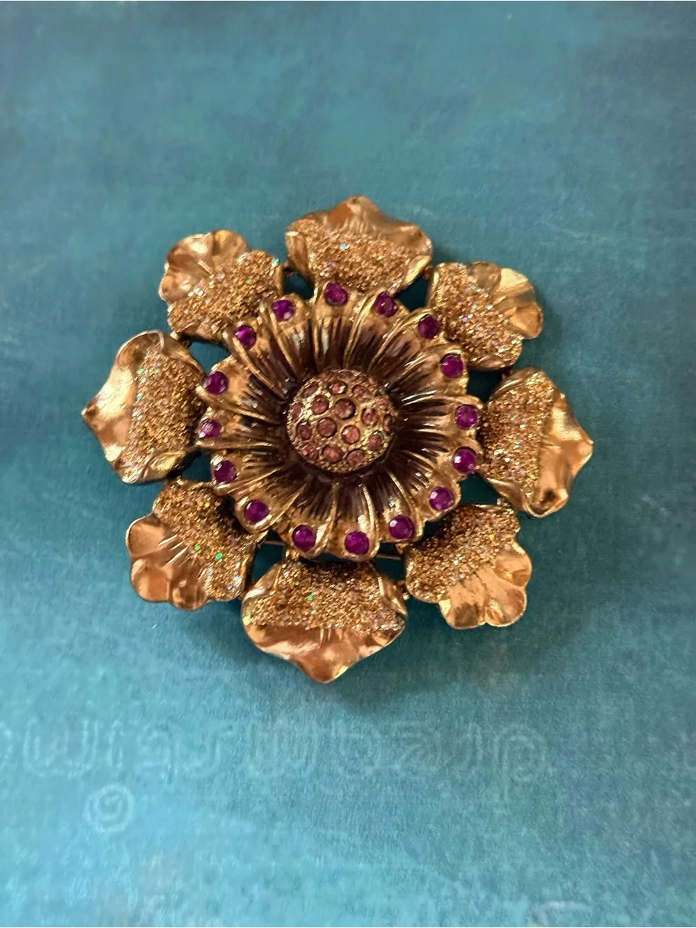 Gold-Tone Floral Statement Brooch with Pink Stones